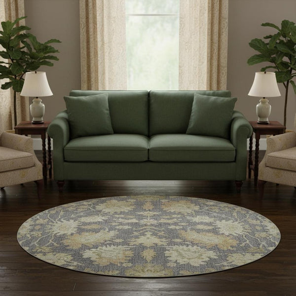 HomeRoots 8' Elegant Gray, Ivory & Gold Floral Medallion Round Rug - Machine Washable, UV & Stain Resistant! 686858