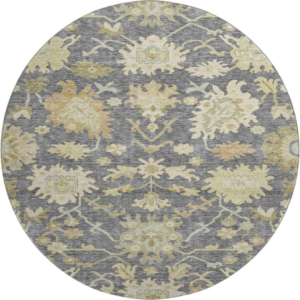 HomeRoots 8' Elegant Gray, Ivory & Gold Floral Medallion Round Rug - Machine Washable, UV & Stain Resistant! 686858