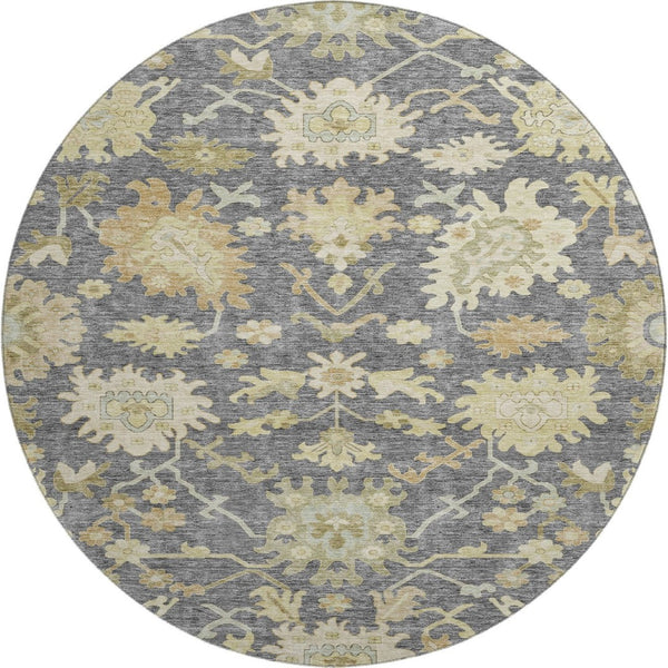 HomeRoots 8' Elegant Gray, Ivory & Gold Floral Medallion Round Rug - Machine Washable, UV & Stain Resistant! 686858