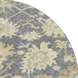 HomeRoots 8' Elegant Gray, Ivory & Gold Floral Medallion Round Rug - Machine Washable, UV & Stain Resistant! 686858
