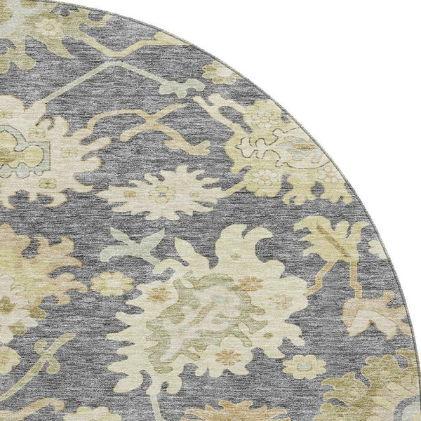 HomeRoots 8' Elegant Gray, Ivory & Gold Floral Medallion Round Rug - Machine Washable, UV & Stain Resistant! 686858