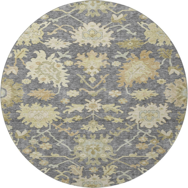 HomeRoots 8' Elegant Gray, Ivory & Gold Floral Medallion Round Rug - Machine Washable, UV & Stain Resistant! 686858