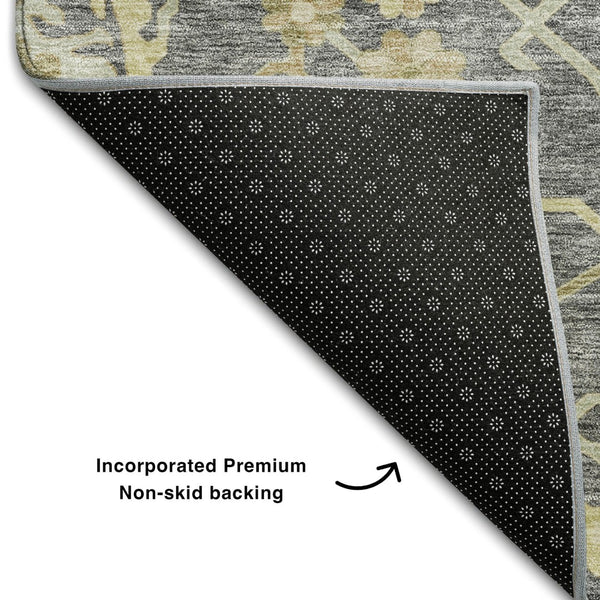 HomeRoots 9' X 12' Elegant Gray Ivory Gold Floral Medallion Area Rug - Washable, UV Protected, Stain Resistant 686860