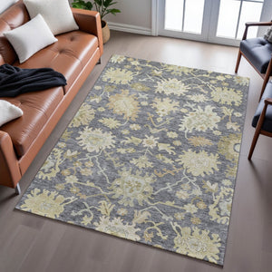 HomeRoots 9' X 12' Elegant Gray Ivory Gold Floral Medallion Area Rug - Washable, UV Protected, Stain Resistant 686860