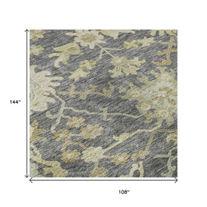 HomeRoots 9' X 12' Elegant Gray Ivory Gold Floral Medallion Area Rug - Washable, UV Protected, Stain Resistant 686860