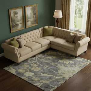 HomeRoots 9' X 12' Elegant Gray Ivory Gold Floral Medallion Area Rug - Washable, UV Protected, Stain Resistant 686860