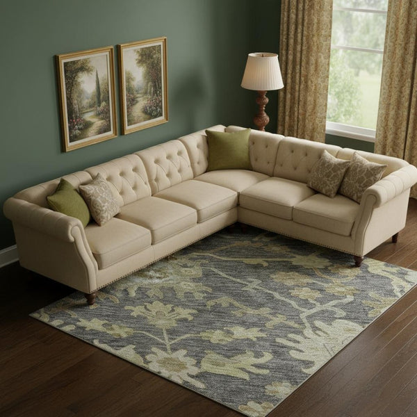 HomeRoots 10' X 14' Gray Ivory and Gold Floral Medallion Area Rug - Washable, Stain Resistant & UV Protected 686861