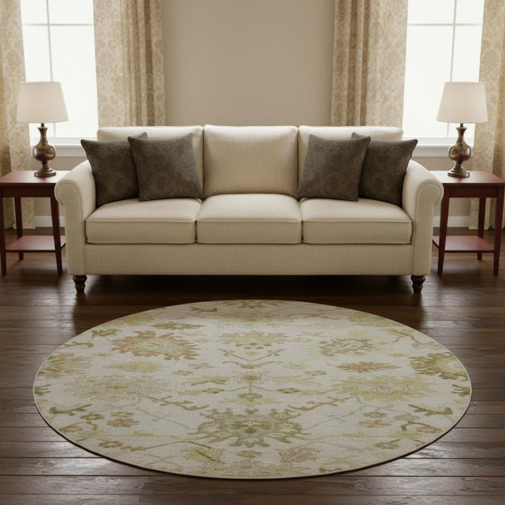 HomeRoots 8' Ivory Beige and Copper Floral Medallion Washable Round Rug - UV Protected, Easy Care & Durable 686864