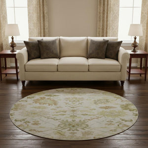 HomeRoots 8' Ivory Beige and Copper Floral Medallion Washable Round Rug - UV Protected, Easy Care & Durable 686864