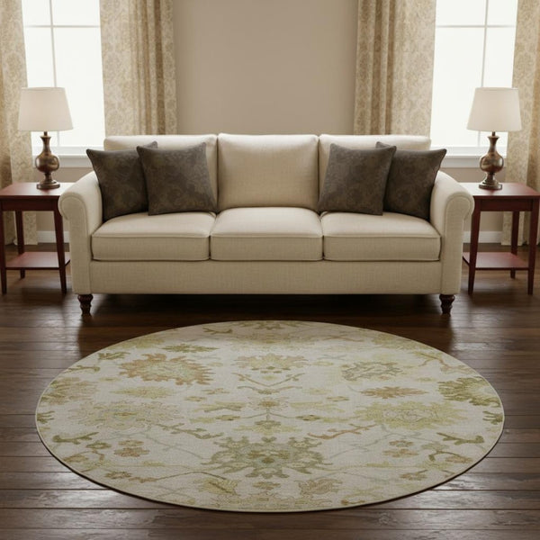 HomeRoots 8' Ivory Beige and Copper Floral Medallion Washable Round Rug - UV Protected, Easy Care & Durable 686864