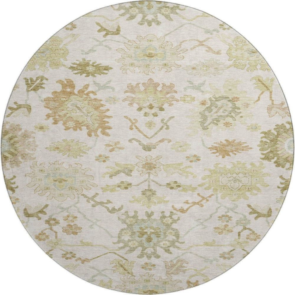HomeRoots 8' Ivory Beige and Copper Floral Medallion Washable Round Rug - UV Protected, Easy Care & Durable 686864