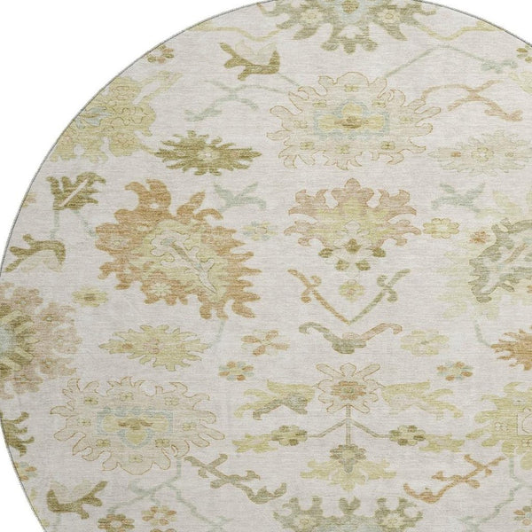 HomeRoots 8' Ivory Beige and Copper Floral Medallion Washable Round Rug - UV Protected, Easy Care & Durable 686864