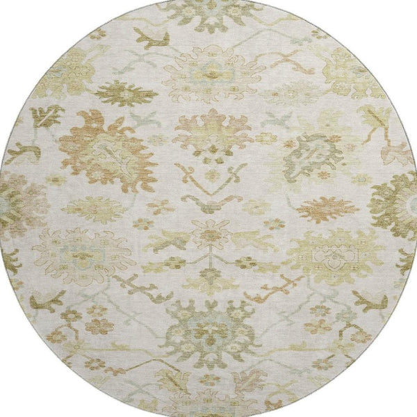 HomeRoots 8' Ivory Beige and Copper Floral Medallion Washable Round Rug - UV Protected, Easy Care & Durable 686864