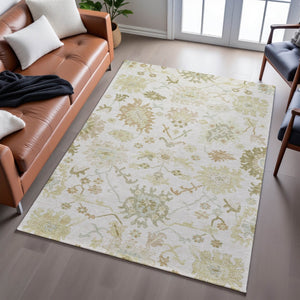 HomeRoots 9' X 12' Ivory Beige & Copper Floral Medallion Washable Area Rug with UV Protection for Homes 686866