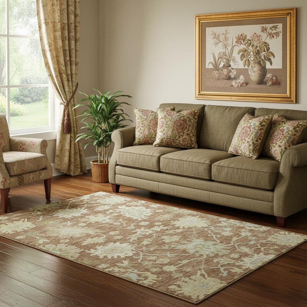 HomeRoots 5' X 8' Elegant Rust Ivory Beige Floral Medallion Area Rug - Washable, UV Protected, Stain Resistant 686869