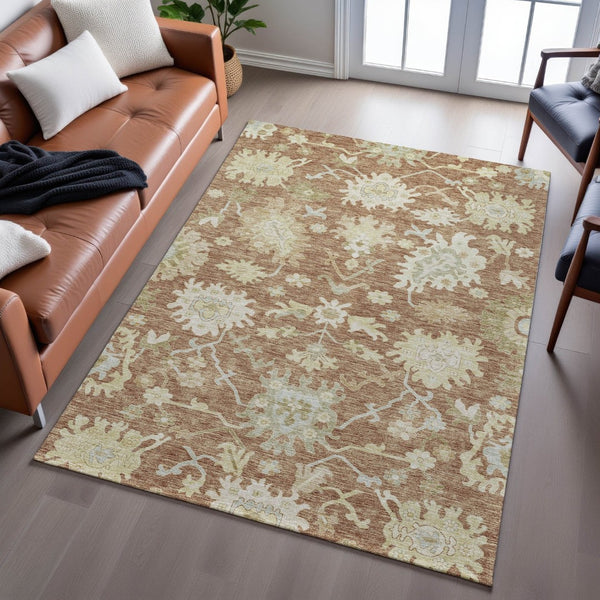 HomeRoots 5' X 8' Elegant Rust Ivory Beige Floral Medallion Area Rug - Washable, UV Protected, Stain Resistant 686869