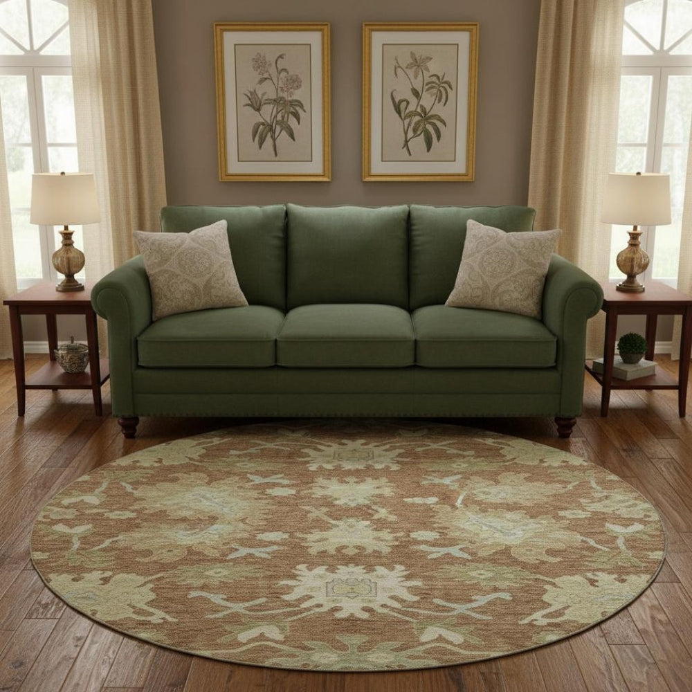 HomeRoots 8' Washable Round Area Rug with Floral Medallion Design, UV Protection & Easy Clean for Families 686870