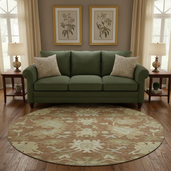 HomeRoots 8' Washable Round Area Rug with Floral Medallion Design, UV Protection & Easy Clean for Families 686870