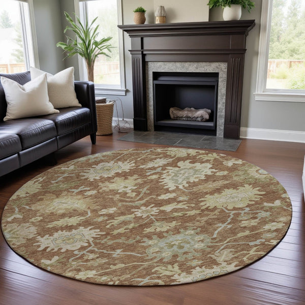 HomeRoots 8' Washable Round Area Rug with Floral Medallion Design, UV Protection & Easy Clean for Families 686870