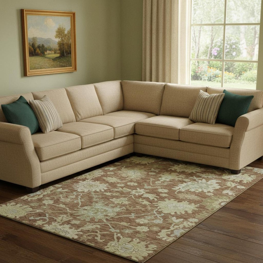 HomeRoots 8' X 10' Washable Floral Medallion Area Rug in Rust, Ivory & Beige - UV Protected & Stain-Resistant! 686871