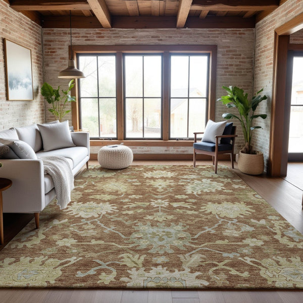 HomeRoots 9' X 12' Floral Medallion Area Rug in Rust & Beige – Stain-Resistant, UV Protected for Families 686872