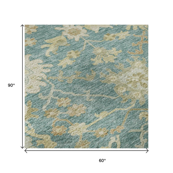 HomeRoots 5' X 8' Elegant Teal Beige Copper Floral Medallion Area Rug – Durable, Stain-Resistant, UV Protected! 686875