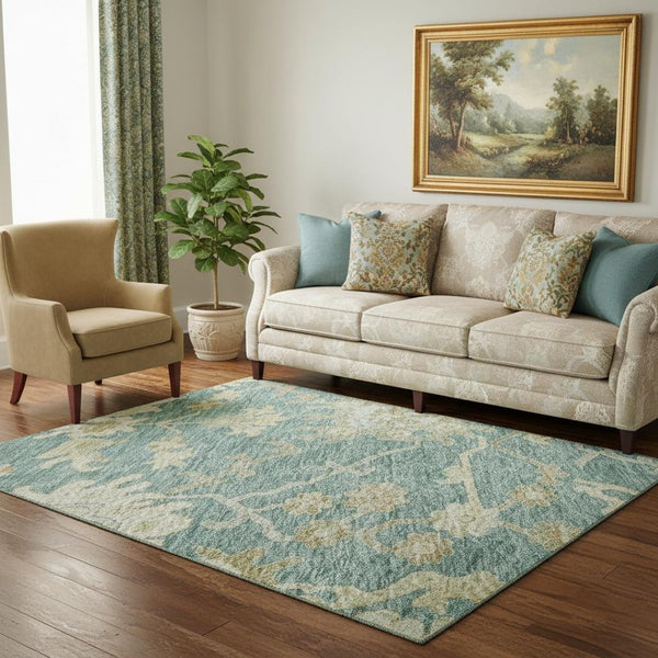 HomeRoots 5' X 8' Elegant Teal Beige Copper Floral Medallion Area Rug – Durable, Stain-Resistant, UV Protected! 686875