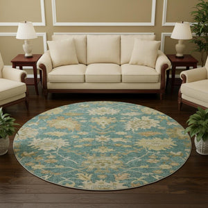 HomeRoots 8' Teal Beige Copper Floral Medallion Round Rug - Washable, UV Protected, Stain Resistant Beauty! 686876
