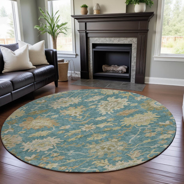 HomeRoots 8' Teal Beige Copper Floral Medallion Round Rug - Washable, UV Protected, Stain Resistant Beauty! 686876