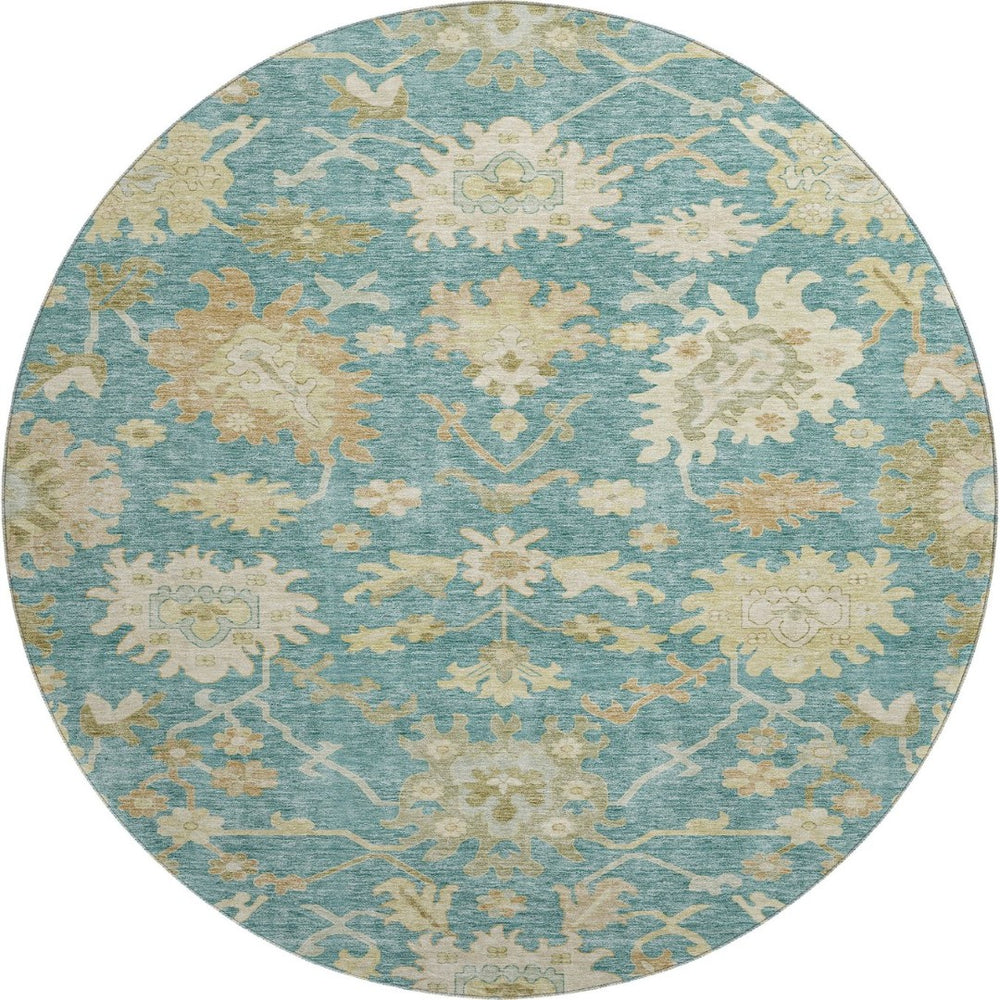 HomeRoots 8' Teal Beige Copper Floral Medallion Round Rug - Washable, UV Protected, Stain Resistant Beauty! 686876