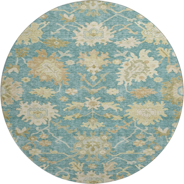 HomeRoots 8' Teal Beige Copper Floral Medallion Round Rug - Washable, UV Protected, Stain Resistant Beauty! 686876