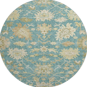 HomeRoots 8' Teal Beige Copper Floral Medallion Round Rug - Washable, UV Protected, Stain Resistant Beauty! 686876