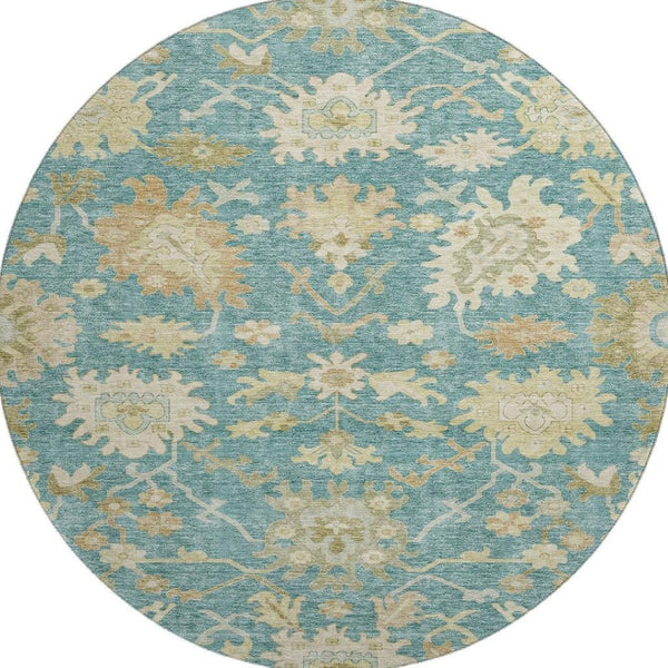 HomeRoots 8' Teal Beige Copper Floral Medallion Round Rug - Washable, UV Protected, Stain Resistant Beauty! 686876
