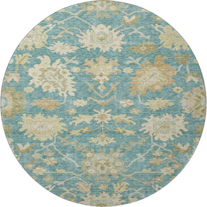 HomeRoots 8' Teal Beige Copper Floral Medallion Round Rug - Washable, UV Protected, Stain Resistant Beauty! 686876