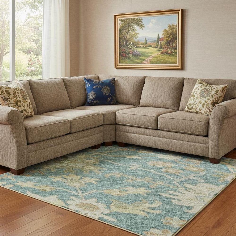 HomeRoots 8' X 10' Teal Beige Copper Floral Medallion Area Rug - Washable, UV Protected & Stain Resistant! 686877