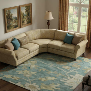 HomeRoots 9' X 12' Teal Beige Copper Floral Medallion Area Rug - Elegant, Washable & UV Protected for Homes 686878