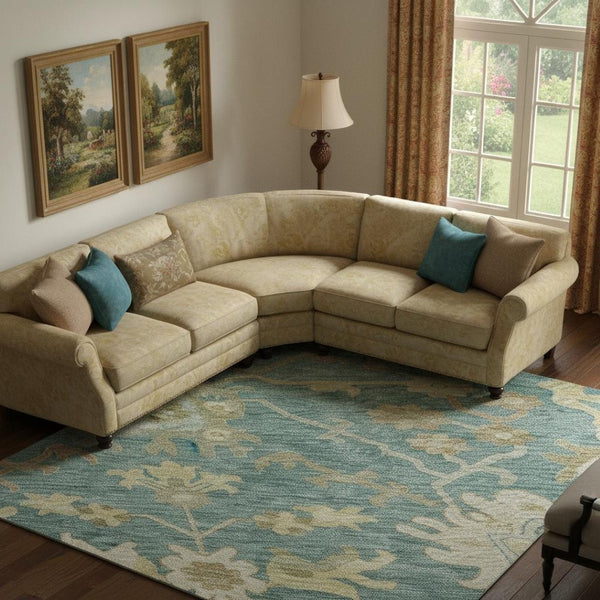 HomeRoots 9' X 12' Teal Beige Copper Floral Medallion Area Rug - Elegant, Washable & UV Protected for Homes 686878