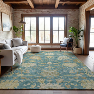 HomeRoots 10' Teal Beige Copper Floral Medallion Washable Area Rug - Stain-Resistant, UV Protected, Durable Design 686879