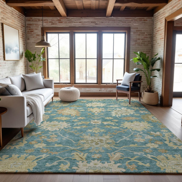 HomeRoots 10' Teal Beige Copper Floral Medallion Washable Area Rug - Stain-Resistant, UV Protected, Durable Design 686879