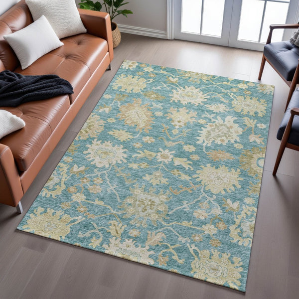 HomeRoots 10' Teal Beige Copper Floral Medallion Washable Area Rug - Stain-Resistant, UV Protected, Durable Design 686879