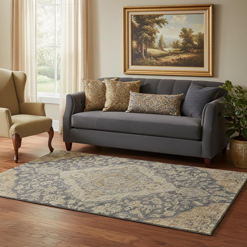 HomeRoots 5' X 8' Charcoal Copper Gray Floral Medallion Area Rug - Washable, UV Protected & Stylish Design 686881