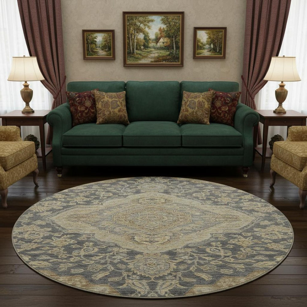 HomeRoots 8' Elegant Charcoal Copper Floral Medallion Washable Round Rug with UV Protection & Stain Resistance 686882