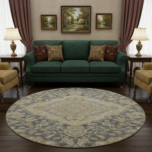 HomeRoots 8' Elegant Charcoal Copper Floral Medallion Washable Round Rug with UV Protection & Stain Resistance 686882