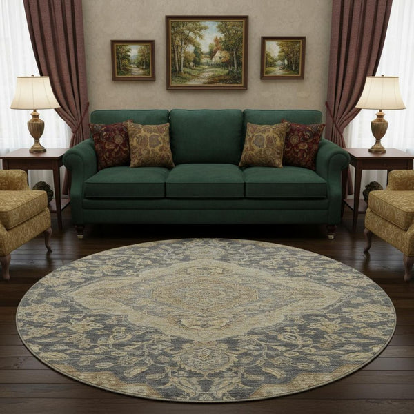 HomeRoots 8' Elegant Charcoal Copper Floral Medallion Washable Round Rug with UV Protection & Stain Resistance 686882