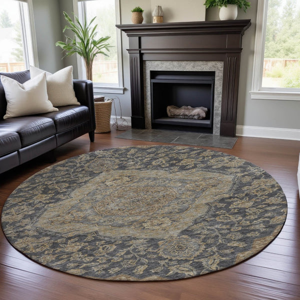 HomeRoots 8' Elegant Charcoal Copper Floral Medallion Washable Round Rug with UV Protection & Stain Resistance 686882