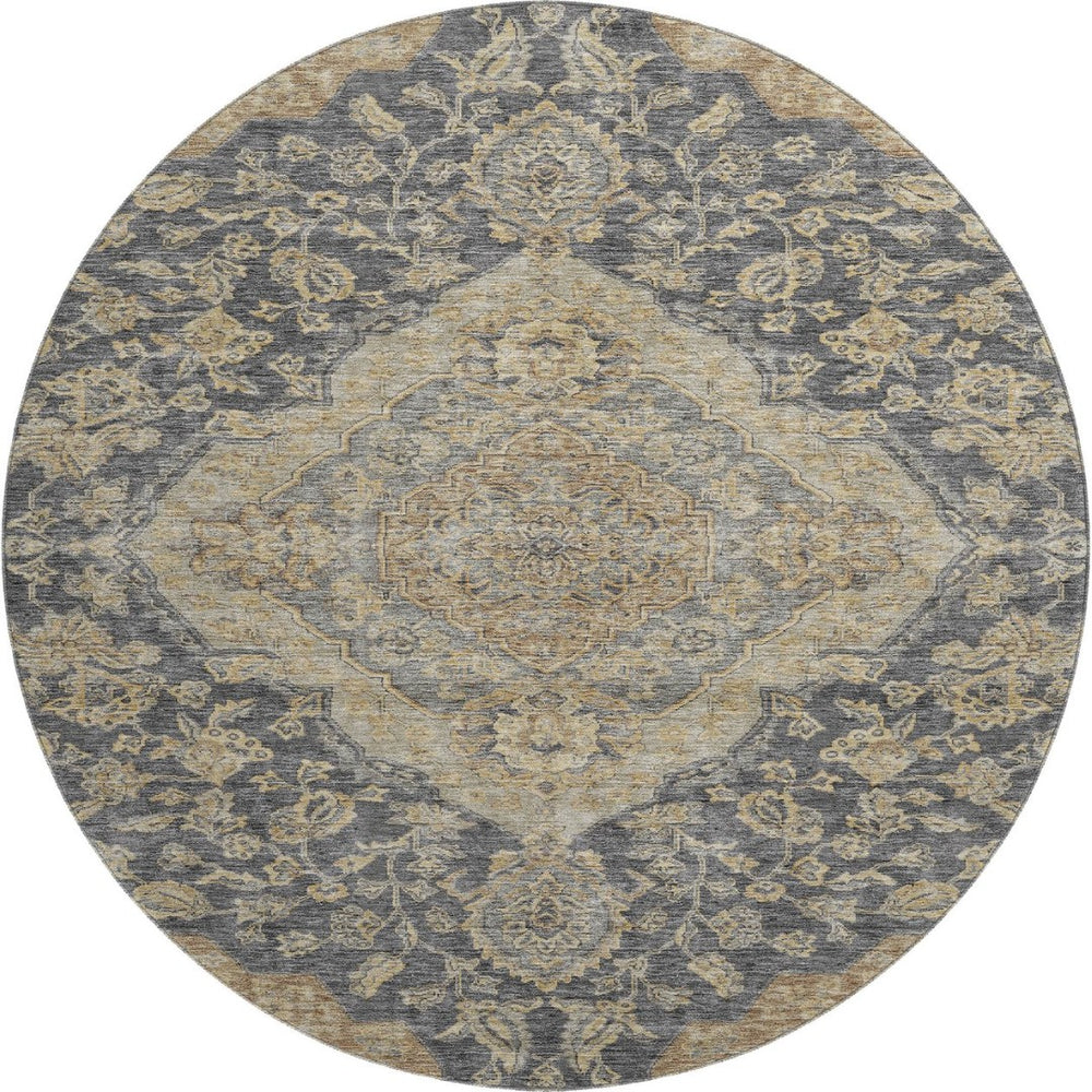 HomeRoots 8' Elegant Charcoal Copper Floral Medallion Washable Round Rug with UV Protection & Stain Resistance 686882