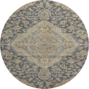 HomeRoots 8' Elegant Charcoal Copper Floral Medallion Washable Round Rug with UV Protection & Stain Resistance 686882