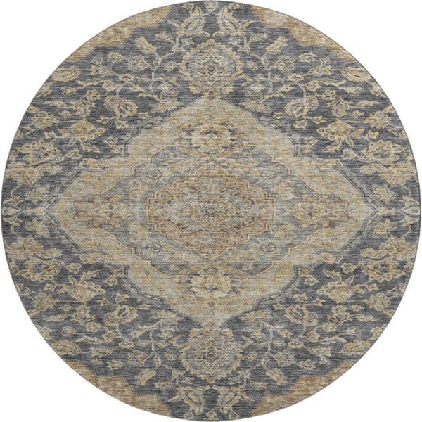 HomeRoots 8' Elegant Charcoal Copper Floral Medallion Washable Round Rug with UV Protection & Stain Resistance 686882
