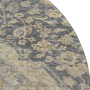 HomeRoots 8' Elegant Charcoal Copper Floral Medallion Washable Round Rug with UV Protection & Stain Resistance 686882