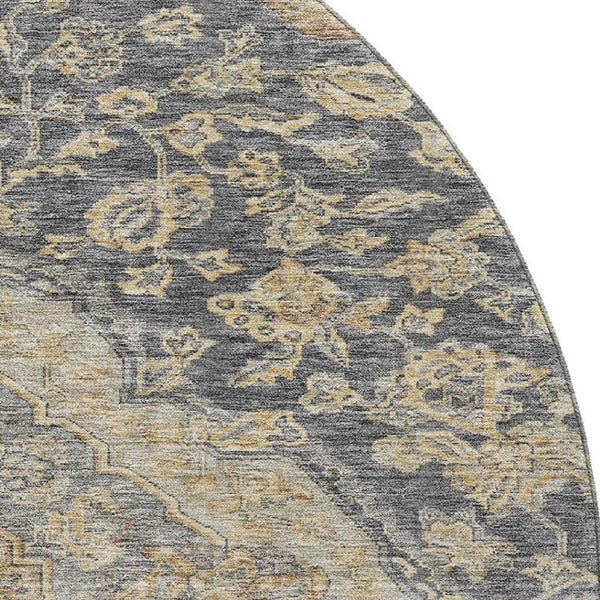 HomeRoots 8' Elegant Charcoal Copper Floral Medallion Washable Round Rug with UV Protection & Stain Resistance 686882